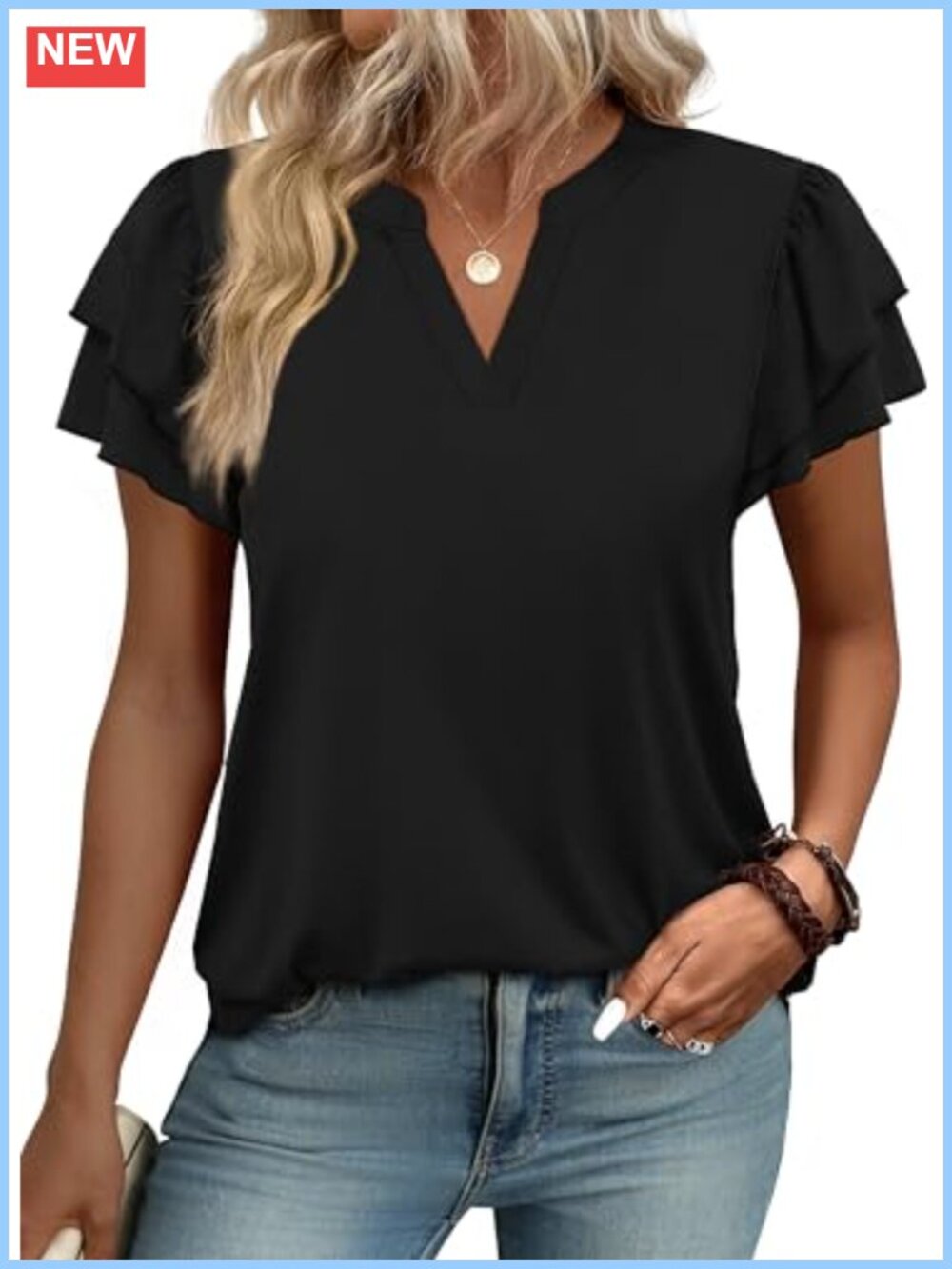 Womens V Neck Flutter Sleeve Blouse Business Casual Peasant Top